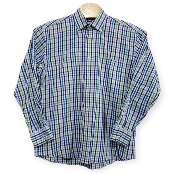 Alan Flusser Mens Large 100% Cotton Blue Green Long Sleeve Button Down Shirt - Picture 2 of 4